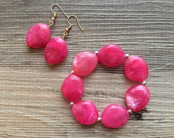 Dark Pink Earrings & Bracelet set, Your Choice Gold OR Silver jewelry, hot pink necklace jewelry stretchy bracelet drop dangle earrings