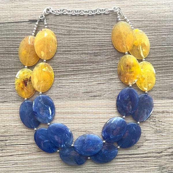 Yellow & Blue Chunky Statement Necklace, Big beaded jewelry, multi strand Statement Necklace, chunky royal blue jewelry earrings