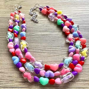 Eternal Love Statement Necklace, chunky bib beaded jewelry, Rainbow jewelry, Valentine puffy hearts acrylic jewelry pink resin red