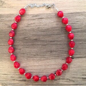 Bright Red Single Strand Big Beaded Statement Necklace, red beaded necklace, red bridesmaid necklace jewelry, red drop earrings
