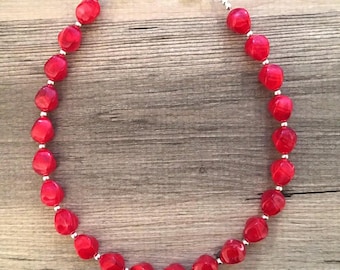 Bright Red Single Strand Big Beaded Statement Necklace, red beaded necklace, red bridesmaid necklace jewelry, red drop earrings
