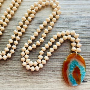 GemStone Chunky Statement Necklace, aqua blue teal Dragon Vein striped gemstone necklace, long gem jewelry beaded agate jewelry pendant
