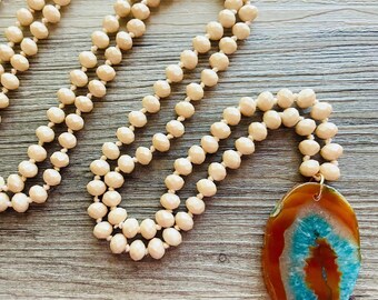 GemStone Chunky Statement Necklace, aqua blue teal Dragon Vein striped gemstone necklace, long gem jewelry beaded agate jewelry pendant