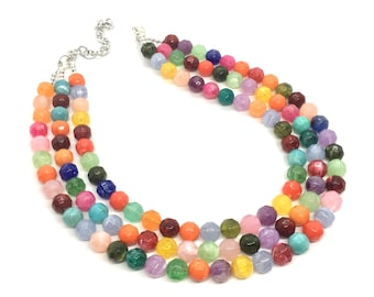 Statement Necklace, rainbow truple strand chunky bib beaded jewelry, colorful bead necklace, thick lucite rainbow statement