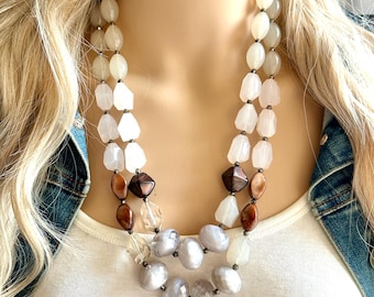 Neutral klobige Halskette, Doppelstrang Schmuck Geschenke für Frauen Lätzchen Schmuck Multi-Strand Creme Gold Grau Silber Gunmetal