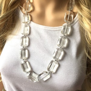 Long Big Bead clear Necklace, single Strand Statement Jewelry, resin necklace, Chunky bib bridesmaid, everyday bubble jewelry, clear silver