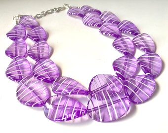 Purple White Statement Jewelry Set, big Beaded Chunky necklace bracelet earrings, Double Strand wedding, bridesmaid necklace, purple earring