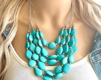 Collar vintage de California, bisutería de cuentas con babero grueso de 5 hebras, bisutería acrílica azul turquesa, collar de babero grueso azul claro