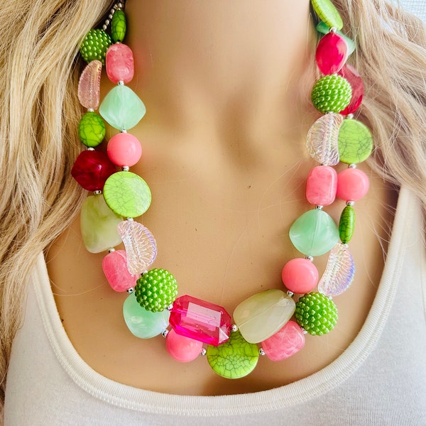 Spring Storm Green & Pink Necklace, multi strand colorful jewelry, big beaded chunky statement set necklace bubble everyday lime mint