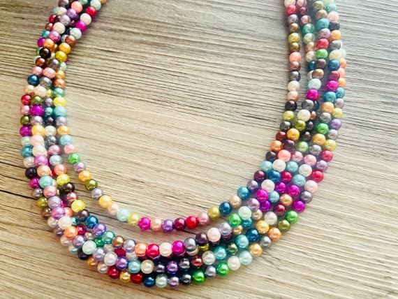 Multi Color Chunky Statement Necklace Pearl Shiny Rainbow