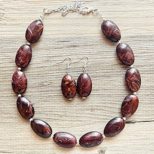 Mocha Shimmer Swirl Statement Necklace, Chunky Beaded Necklace, brown beaded necklace, 1 single strand, dark deep brown earrings jewelry