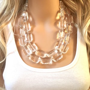 Chunky Clear Crystal Statement Necklace, Faceted Everyday neutral jewelry, statement necklace, silver or gold accents chunky bib necklace