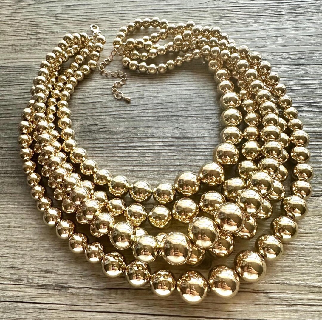 Five Strand Mirror Gold Chunky Statement Necklace, Big Beaded