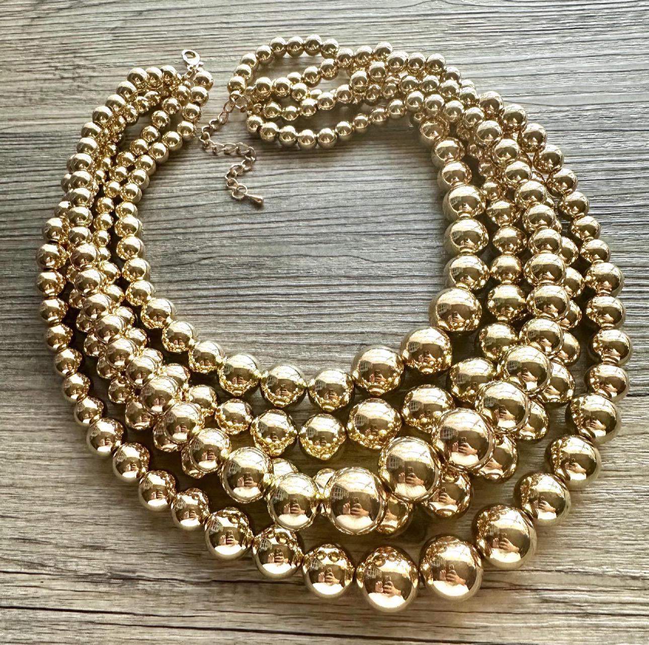Five Strand Mirror Gold Chunky Statement Necklace, Big Beaded