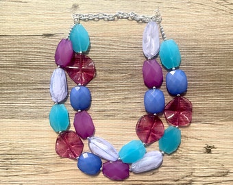 Dreamscape chunky necklace, turquoise blue beaded jewelry, resin beaded periwinkle necklace, pink beaded necklace, royal purple lavender
