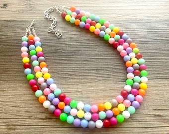 Rainbow Statement Necklace, colorful chunky jewelry, rainbow necklace, multi strand pride chunky beaded necklace, bubble necklace