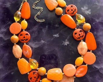 Pumpkin Orange Halloween Necklace, Double strand orange jewelry, jack O Lantern pumpkin chunky big bead statement necklace earrings set