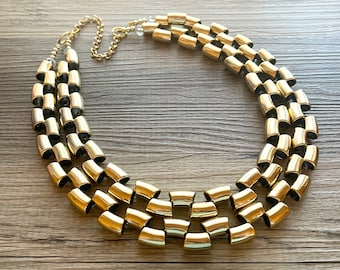 Gold Spiegel klobige Halskette, große Perlen Schmuck Geschenke für Frauen Lätzchen Schmuck 2 Strang metallische Acrylharz Gold Makkaroni Halskette