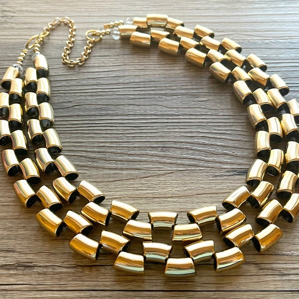 Gold Mirror chunky statement necklace, big beaded jewelry gifts for women bib jewelry 2 strand metallic acrylic resin gold macaroni necklace