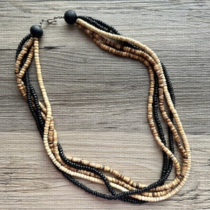 Wood Long Vintage Heishi Disc Beaded Necklace, 5 strand jewelry, big beaded chunky statement necklace, neutral wood black gray brown cream