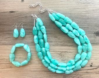 Mint Green Chunky Statement Necklace & Stretch Bracelet set, Triple Strand Beaded Jewelry, Green jewelry, bridesmaid gold jelly bean