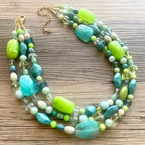 Teal & Lime Green Chunky Statement Necklace, Big beaded jewelry, multi Strand Necklace, Bib necklace, green key lime gold confetti jewelry