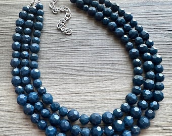 Navy Blue Statement Necklace Jewelry, Chunky Jewelry Big Beaded 3 Strand Necklace, cadet blue Necklace, dark blue Jewelry