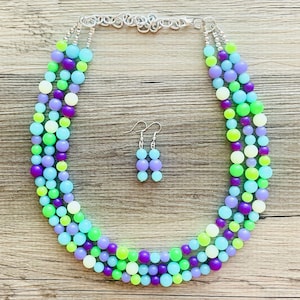 Neon Seascape Statement Necklace, chunky bib beaded jewelry, Summer purple blue green necklace, beaded acrylic jewelry lime aqua