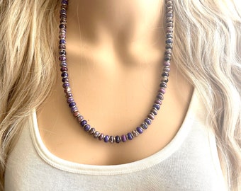 Collar de declaración de jaspe púrpura, joyería de una sola hebra, collar de plata púrpura fina rosquilla de adoquines de piedras preciosas