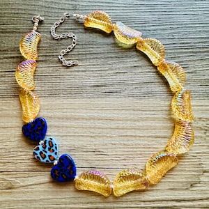 SALE! Orange Slice Chunky Statement Necklace, Big beaded bib jewelry, Single Strand Statement Necklace, animal print blue