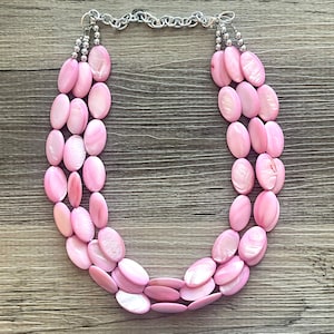 Blush Pink Shell Statement Necklace, Extra chunky multi-strand jewelry, Geometric Beaded Jewelry, pink bib necklace, shell necklace, beaded