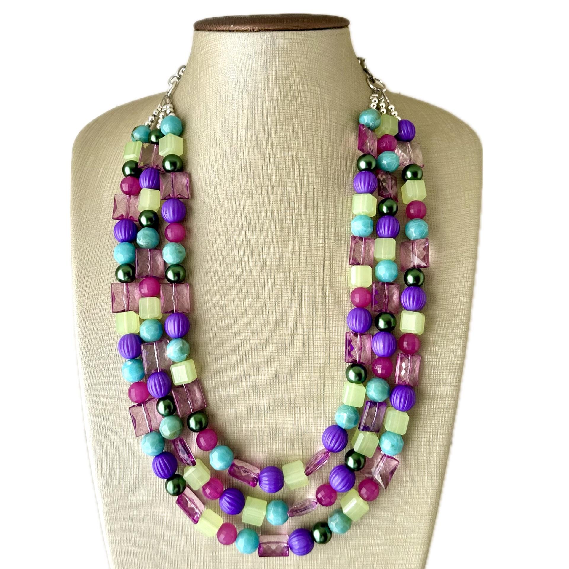 Grand Central Perlen 3 Strang Statement Halskette, Chunky Bib Schmuck lime grün türkis lila schichte Hot Pink, Ohrringe dicke