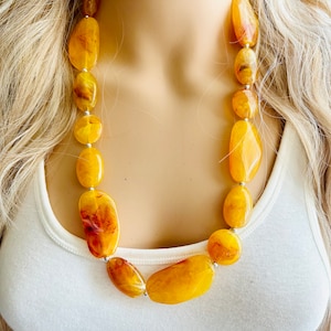 Long Marigold Statement Necklace, Chunky Beaded Necklace, yellow Jewelry, long necklace, bead Necklace, earrings red geometric jewelry