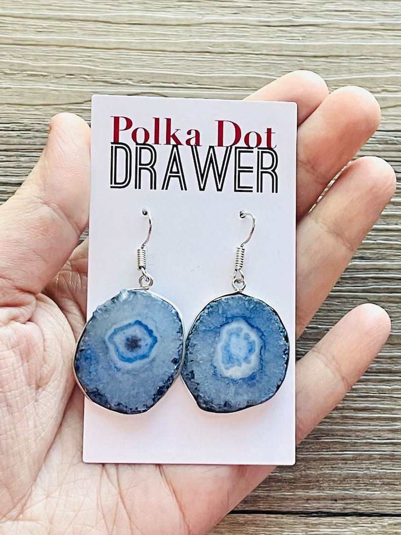 Royal Blue & Silver Agate Slice drop bead earrings, blue beaded statement earrings, dark blue jewelry, blue geometric earrings image 3