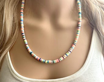 Pastel & Glitter Heishi Beaded Necklace, rainbow Colorful Jewelry, Chunky statement layering beaded necklace, color block peach tan pink