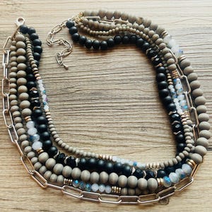 Black & Gray Chain beaded Statement Chunky Necklace, casual necklace, Traveler 5 strand black necklace, big bead necklace, black jewelry