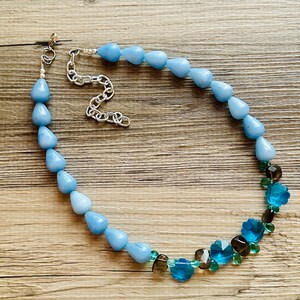 Glass Blue single strand chunky jewelry, flutter beaded handmade metallic statement necklace, teal blue bib bubble necklace bib gemstone