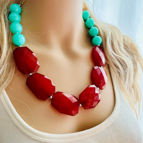 Collier de grosses perles marron et menthe, bijoux de déclaration à brin unique, vert menthe rouge foncé Chunky bavoir demoiselle d'honneur bordeaux bijoux à bulles de tous les jours