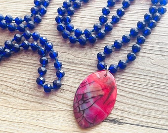 Collar de declaración gruesa GemStone, collar de piedras preciosas a rayas de vena de dragón rosa azul real, colgante de joyería de ágata con cuentas de joyería de gemas largas