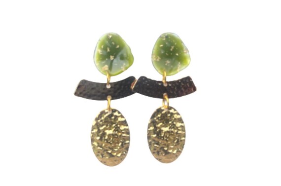 Shiny Gold Olive Green Statement Earrings, Gold Drop Metal - Main Image