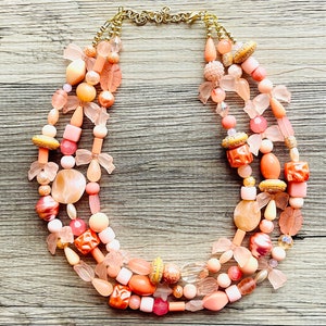 Coral Carnival Statement Necklace, chunky bib beaded jewelry, orange & pink necklace, beaded acrylic jewelry peach orange collar