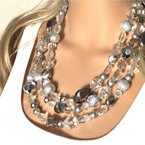 Silver & Clear 3 Strand statement necklace, big beaded necklace, chunky jewelry, white necklace, clear necklace, multi-strand bib jewelry
