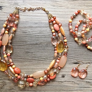 Peach Chunky Statement Necklace & Stretch Bracelet set, Triple Strand Beaded Jewelry, coral pink jewelry, peach bridesmaid marigold gold