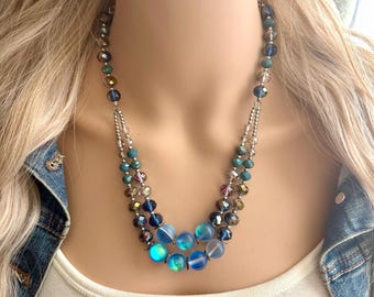 Moonstone Beach Property Necklace, Royal Blue Necklace, multi strand colorful jewelry, big beaded silver chunky statement necklace