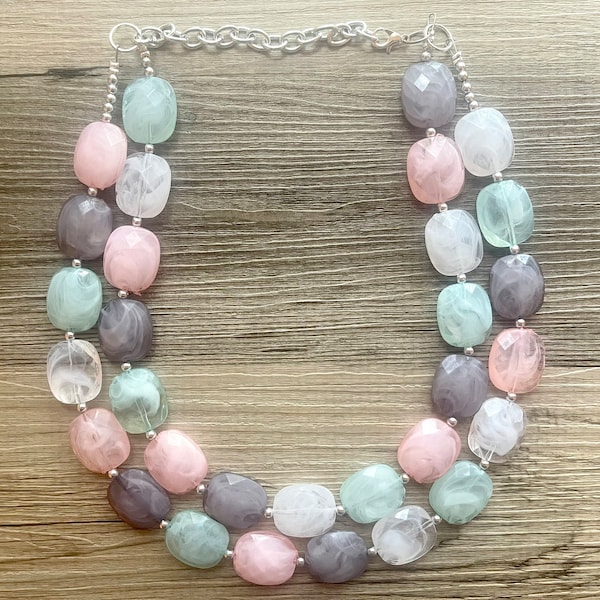 Ladies Who Lunch chunky necklace, mint gray blush pink white cream beaded jewelry, acrylic resin beaded beaded necklace, double strand peach