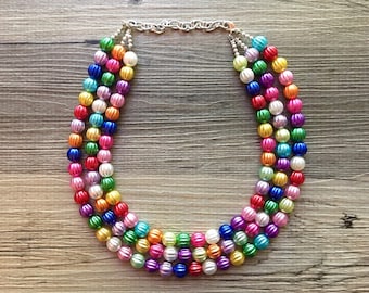 Statement Necklace, rainbow triple strand chunky bib beaded jewelry, colorful bead necklace, thick textured rainbow statement