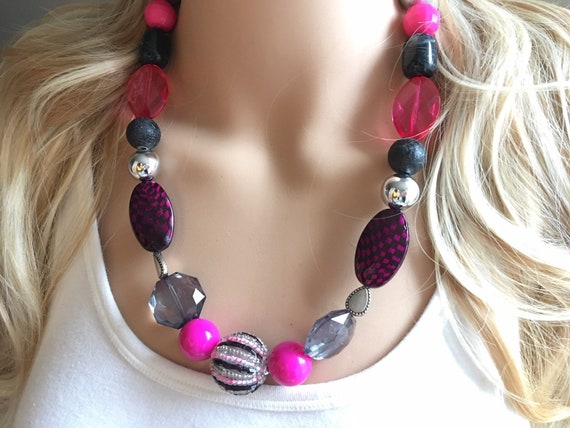 Pink Silver Black Chunky Statement Necklace Pink and Black