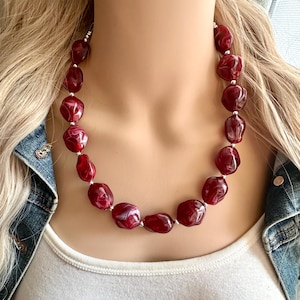 Deep Red Swirl Single Strand Big Beaded Statement Necklace, red beaded necklace, red bridesmaid necklace jewelry, Christmas layering