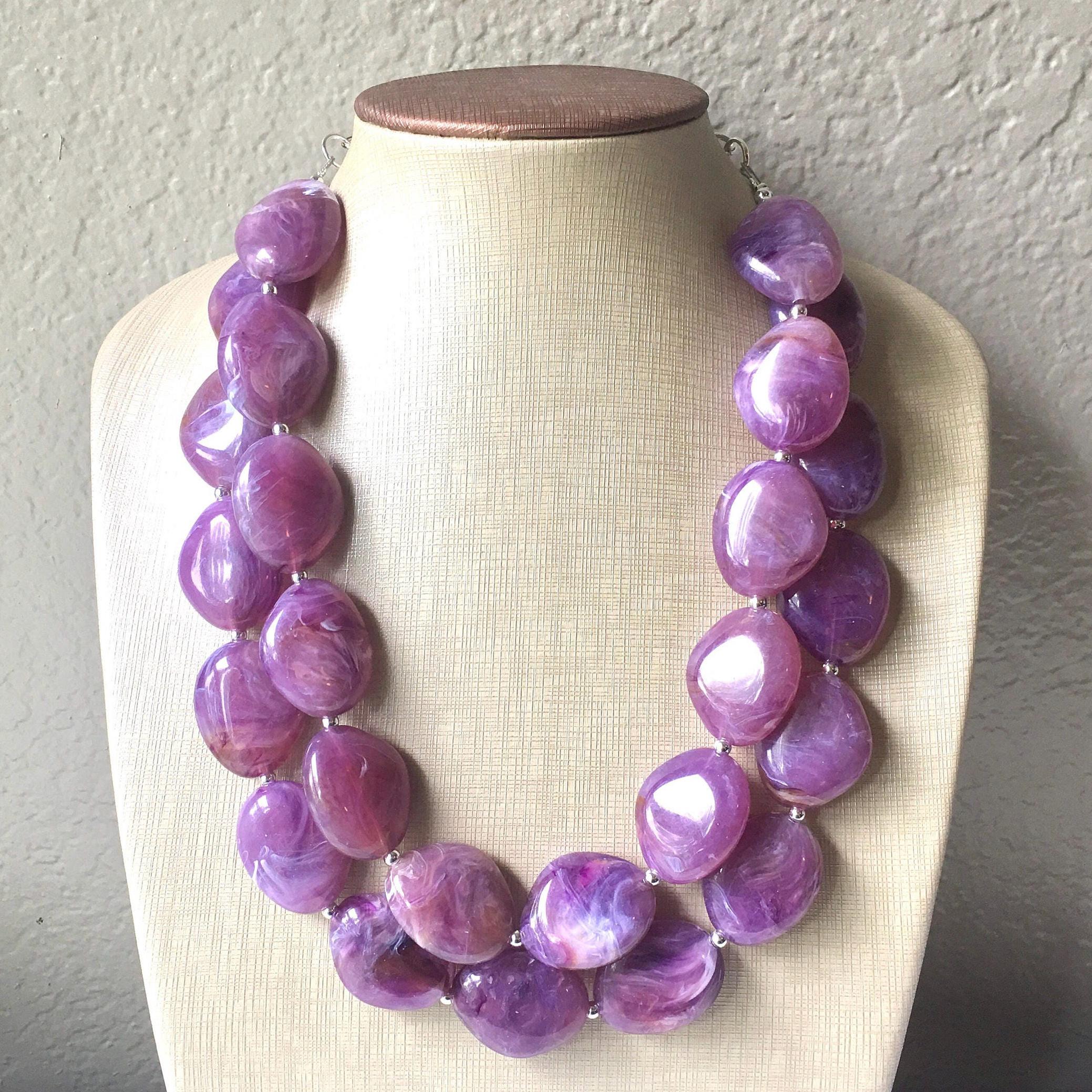 Purple Chunky Statement Necklace, Big beaded jewelry, Double Strand…
