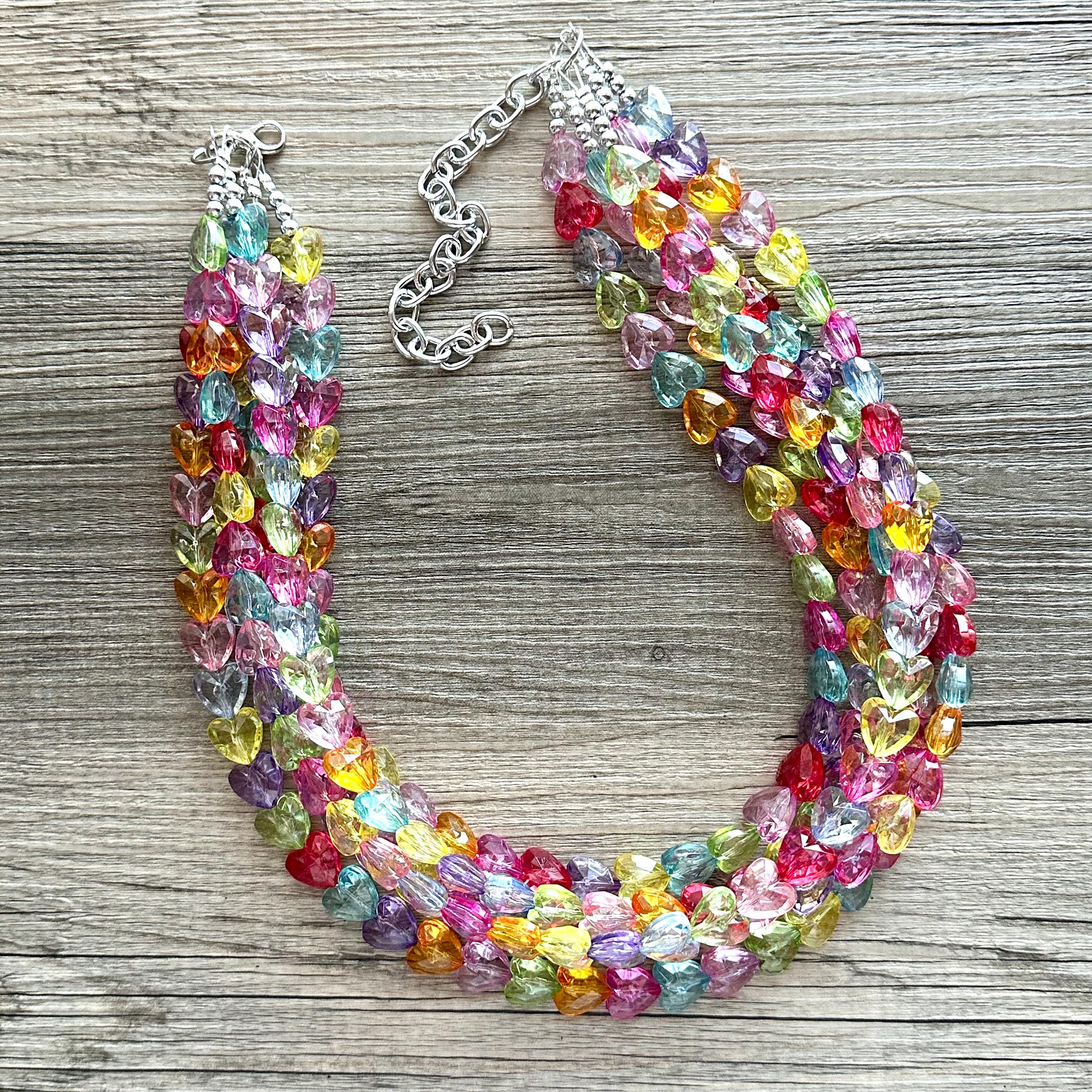 Rainbow Heart Statement Necklace, Chunky 5 Strand Jewelry